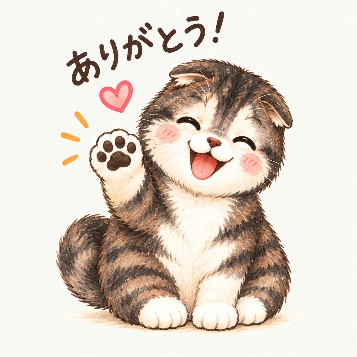 同じ猫を参考にした、やさしいイラスト風の「ありがとう!」作例