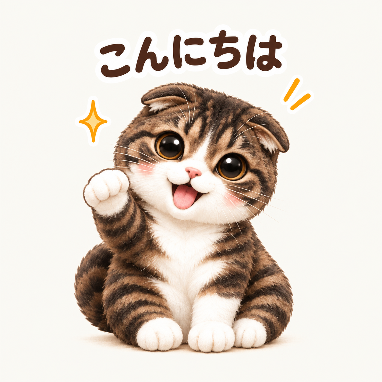同じ猫を参考にした、ぬいぐるみ風の「こんにちは」作例